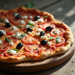 Appetizing Mediterranean Pizza with Fresh Toppings on Rustic Wooden Board