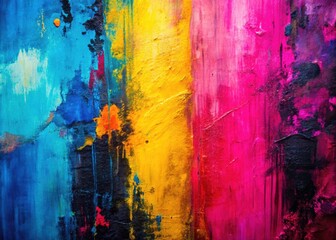 Fototapeta premium Vibrant Abstract Painting with Dynamic Colors and Harmonious Blending of Pink, Blue, Yellow, and Black Tones for Stunning Visual Impact and Creative Inspiration