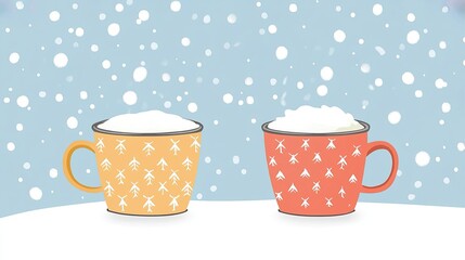 Two cozy winter mugs with snowflake patterns in snowy background.