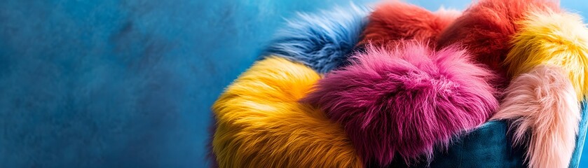 Colorful Furry Objects Arranged in a Row Against a Blue Background