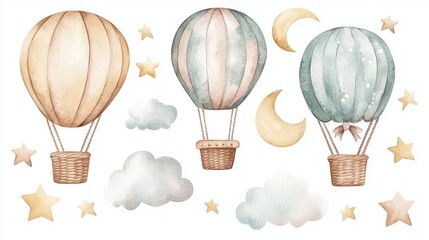 Watercolor Clipart Drawing of Baby Shower Invitation Elements: Hot Air Balloons, Clouds, and Stars for Celebrations