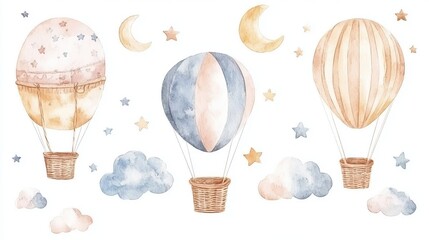 Watercolor Clipart Drawing of Baby Shower Invitation Elements: Hot Air Balloons, Clouds, and Stars for Celebrations