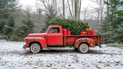 Vintage red truck delivers christmas tree and gifts through snowy forest