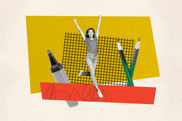 Composite photo collage of excited girl run school supplies marker pencil drawing tool education college isolated on painted background
