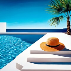 Obraz premium A serene pool scene featuring a straw hat, lush palm, and vibrant blue waters under a clear sky, perfect for relaxation on a sunny day.