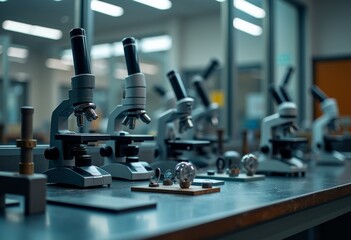 Laboratory workspace featuring multiple microscopes and prepared slides during a bright afternoon session
