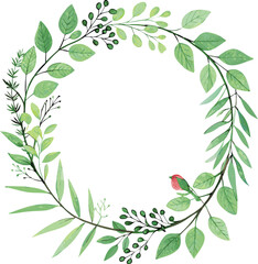 Fototapeta premium Watercolor Green Leaves Wreath with a Bird