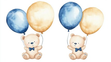 Watercolor Illustration of Cute Little Bears with Blue and Gold Balloons for a Baby Boy Shower