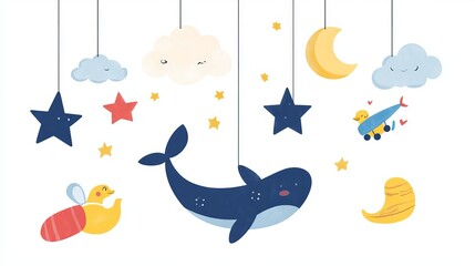 Flat Vector Clipart of a Baby Mobile Toy: Charming Hanging Accessories for Nurseries