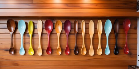 A row of colorful wooden spoons hangs from a shelf, their smooth surfaces reflecting the warm light, showcasing the beauty of handcrafted tools.