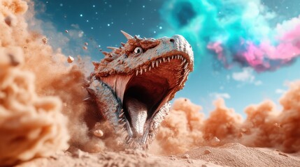 A ferocious dinosaur emerges from the dust, with vivid clouds and a starry sky; showcasing power...