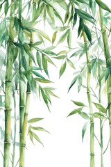 Zen Bamboo Forest. Watercolor Illustration of Green Bamboo Stems and Leaves in Serene Zen Garden