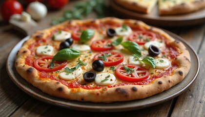 Delicious Margherita Pizza with Fresh Toppings on Rustic Wooden Table