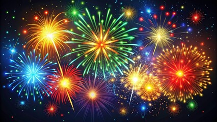 Fototapeta premium Vivid Fireworks Display in the Night Sky - Colorful Flat Vector Set with Dynamic Sparks and Bright Colors for Celebrations, Festivals, and Events