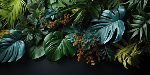 Fototapeta premium A vibrant tapestry of lush green foliage with pops of golden accents, showcasing the intricate textures and patterns of nature's artistry.