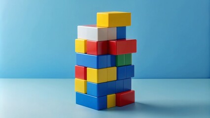 Colorful stacked building blocks in a playful arrangement against a blue background