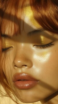 Asian woman with gold makeup and red hair in sunlight