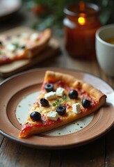 Delicious Pizza Slice with Olives and Feta Cheese in Cozy Atmosphere
