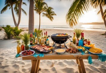 Barbecue grill with tasty steaks and vegetables on beach