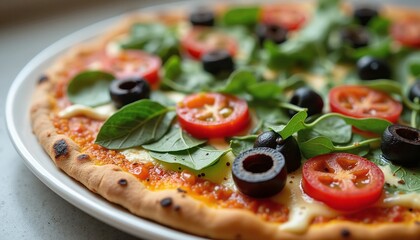 Delicious Vegetarian Pizza with Fresh Toppings in Vibrant Colors on White Plate