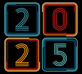 2025 Happy New Year design vector. trendy new year 2025 design template. Simple and elegant 2025 new year eve holiday background design. Vintage Striped style, Posters, Banner Samples, Retro, 80s 