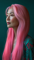 Naklejka premium Side profile portrait of a middle-aged Chinese woman with long pink hair on dark green background. 