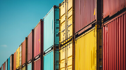 Fototapeta premium colorful shipping containers stacked high against a blue sky
