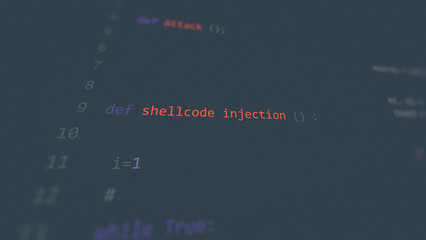 Cyber attack shellcode injection text in foreground screen, hands of a anonymous hacker on a led keyboard. Vulnerability text in informatic system style, code on editor screen.