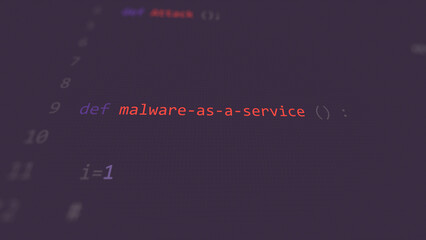 Cyber attack malware-as-a-service text in foreground screen, hands of a anonymous hacker on a led keyboard. Vulnerability text in informatic system style, code on editor screen.