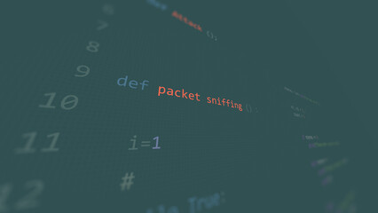 Cyber attack packet sniffing text in foreground screen, hands of a anonymous hacker on a led keyboard. Vulnerability text in informatic system style, code on editor screen.,English language
