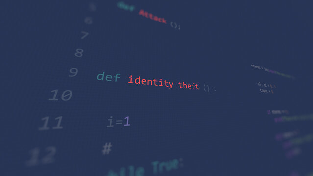 Cyber attack identity theft text in foreground screen, hands of a anonymous hacker on a led keyboard. Vulnerability text in informatic system style, code on editor screen.