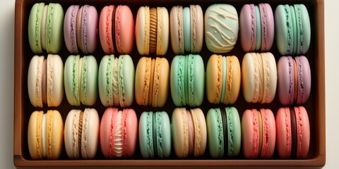 A Collection of Delicately Colored Macarons, Arranged in a Wooden Box, Displaying a Rainbow of Sweet Temptations
