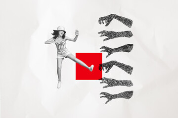 Creative photo collage conceptual picture of young gill protect herself versus human hands attack...