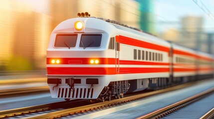 Fototapeta premium A vibrant red train speeding along tracks in an urban setting, showcasing modern transportation.