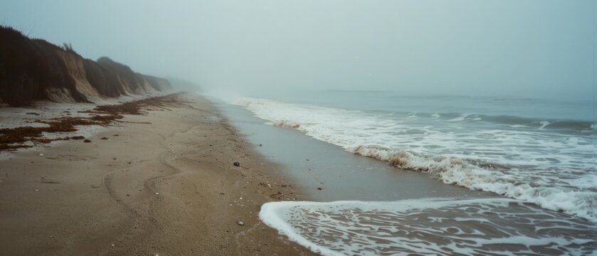 A tranquil beach scene shrouded in mist; gentle waves kiss the deserted shore, creating a serene and mysterious atmosphere.