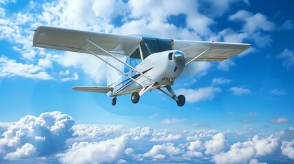 Obraz premium A sleek single-engine ultralight plane soaring high in a clear blue sky, with fluffy white clouds scattered around, symbolizing freedom and exploration.