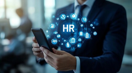 Office worker interacting with device for HR management