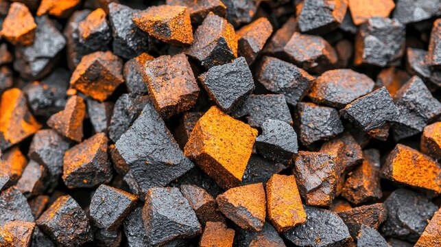 Close-up of textured black and orange mineral rocks, showcasing a mixture of colors and shapes for industrial use.