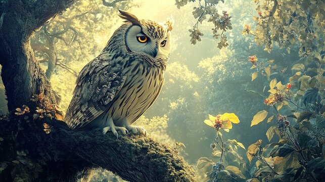 A majestic owl perches on a moss-covered branch, surrounded by a lush, verdant forest. The sunlight filters through the canopy, creating a soft, ethereal glow that highlights the owl's detailed feathe