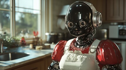 Charming robot with a retro design stands in a cozy, vintage-style kitchen, blending nostalgia with...