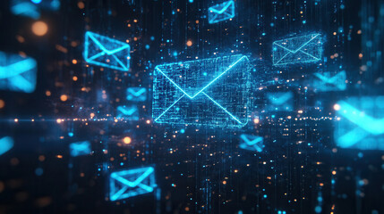 Modern email marketing background with glowing blue envelopes and digital icons in a dark setting, illustrating fast communication