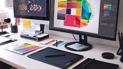 Creative workspace with dual monitors, design tools, and colorful materials for graphic design projects.