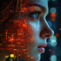 Digital Cityscape: Woman's Face with Glitching Code