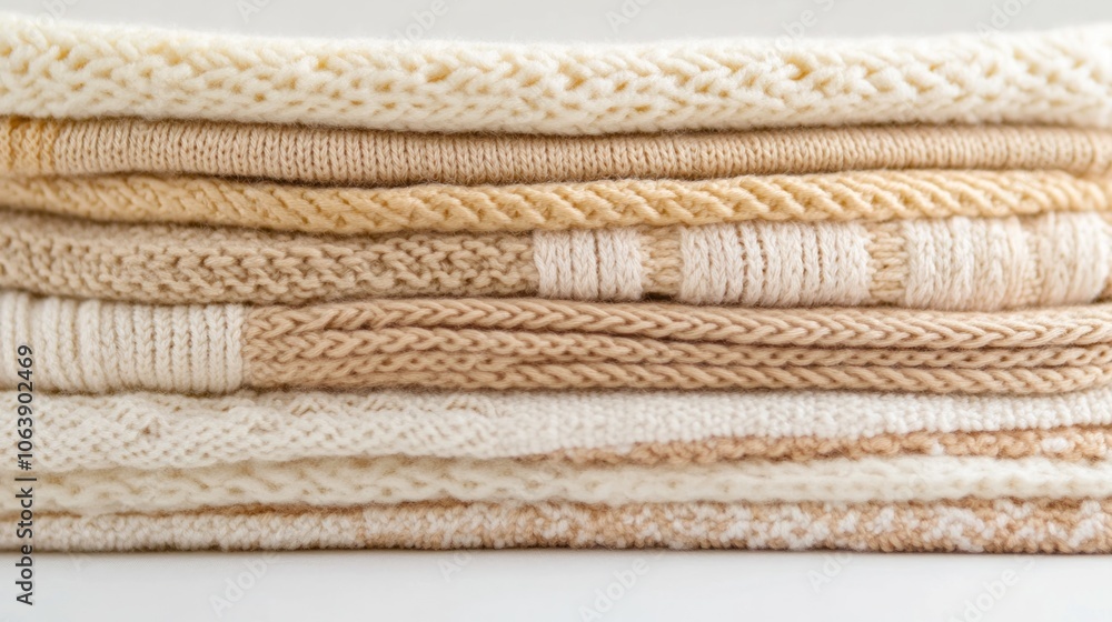 Poster a neatly stacked arrangement of textured and patterned knitted blankets in neutral tones.