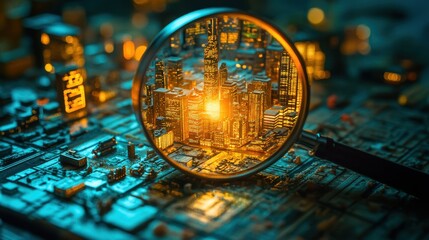 Magnifying glass revealing intricate details of a circuit board with glowing lights, A captivating 3D diorama of a miniature city