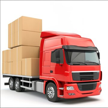 Red delivery truck with stacked boxes, Develop a logistics optimization algorithm to minimize delivery times