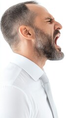 Fototapeta premium Office worker expressing frustration and anger while shouting, captured against a plain white background in a formal white shirt and tie