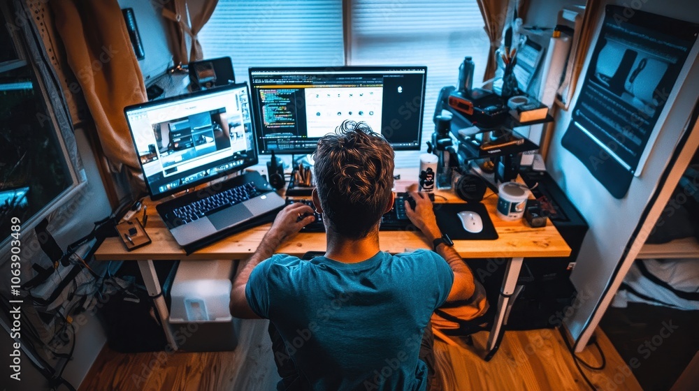 Poster freelancer living in a tiny home with a mobile office - a person working at a desk with multiple mon