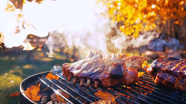 Grilled ribs on barbecue with autumn leaves outdoors in sunlit backyard