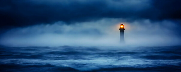 A mysterious lighthouse casts a warm glow over the stormy ocean on a dark night, serving as a beacon of hope amid ominous waves and dramatic skies.